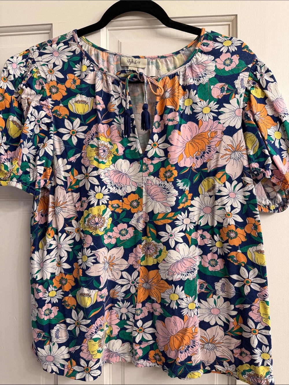 Style & Co. Navy Floral Tie-Front Short Sleeve Blouse